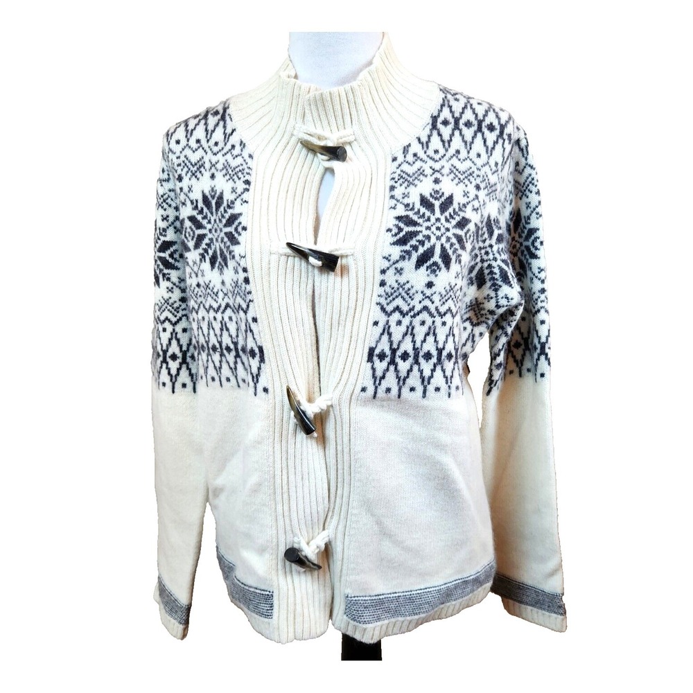 Obermeyer Fair Isle Cardigan Sweater Womens Medium Lambswool Ivory‎ Y2K Top Vtg